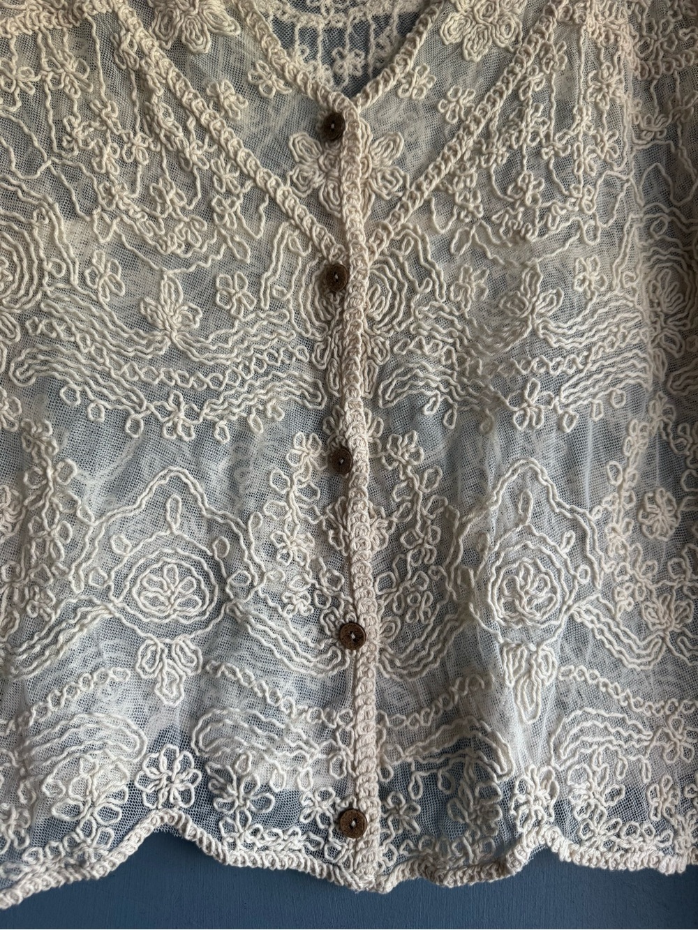 LIV Los Angeles Women’s Cream/Beige Embroidered Mesh Lace Cardigan Size L - Picture 3 of 11